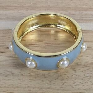Vintage Blue Gray Enamel Faux Pearl Hinged Clamper Bracelet
